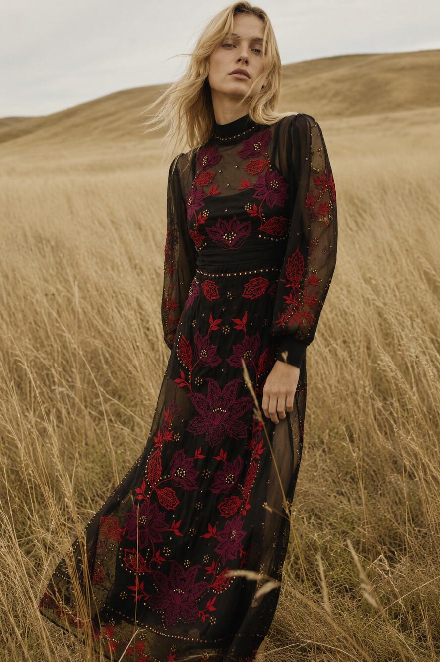 FARM Rio Black Organza Long Sleeve Midi Dress XS Embroidered Dress Sheer